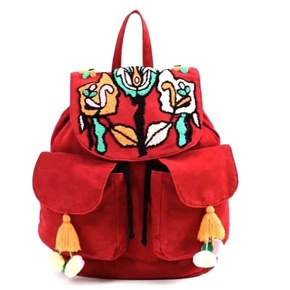 America & Beyond Drawstring Pom Pom Backpack  Floral Suede School Bag Girls Gift - Picture 1 of 17